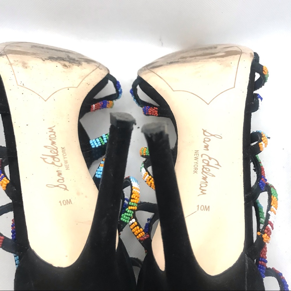 SAM EDELMAN "SAGE" BLACK SUEDE AND MULTI-COLOR BEAD STILETTO HEELS (10M) - Picture 10 of 13